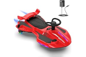 CANKETEC 12V Electric Wiggle Car with Pedal for Kids, Rechargeable 2 in 1 Swing Car, Drifting Ride On Toys with Backrest, Anti-Rollover, Spray, Flashing Light, Music, for Ages 3 and Up, 150 Lbs (Red-Black)