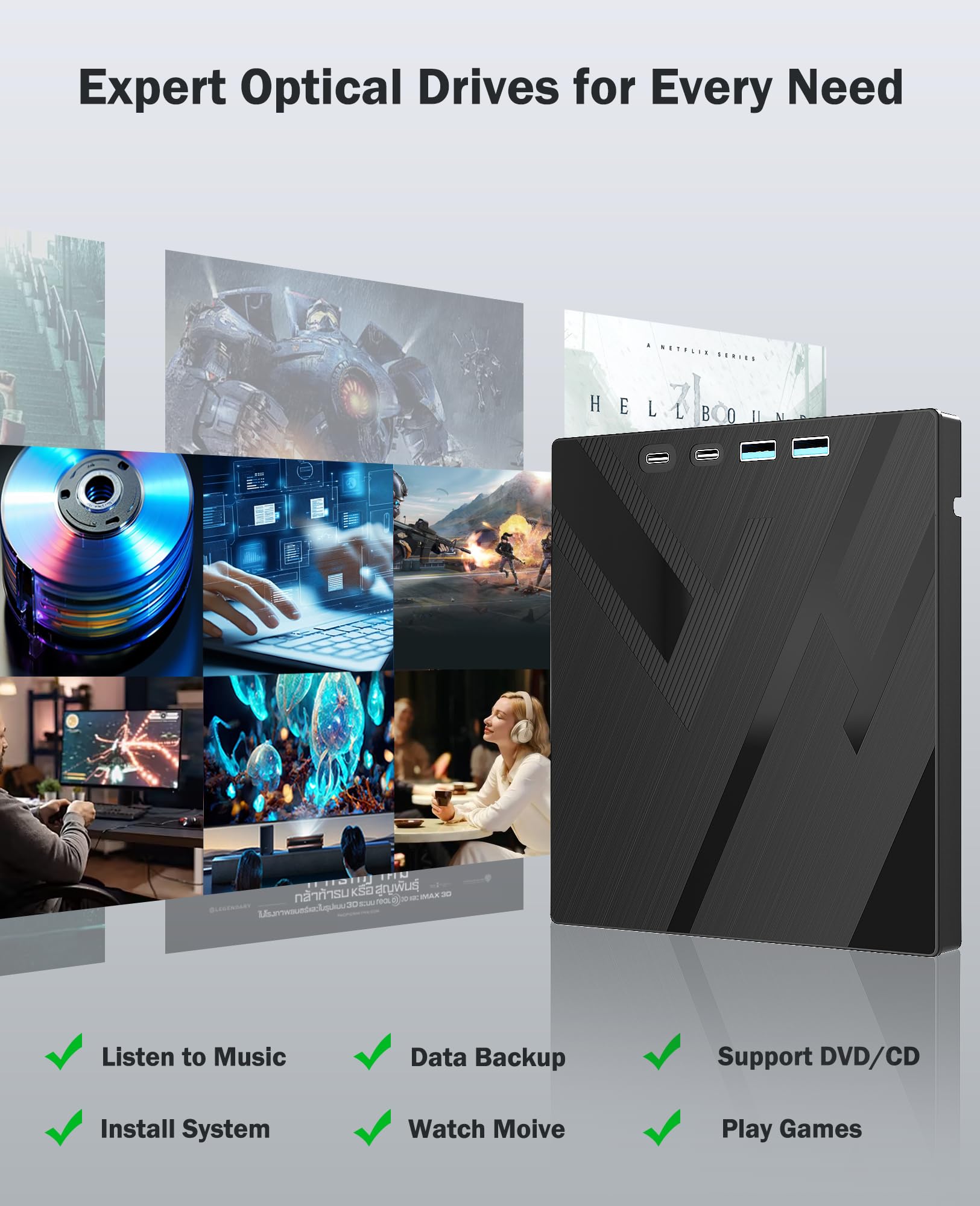 7 in 1 External CD/DVD Drive for Laptop, Portable DVD Player for Laptop with SD/TF Port, External DVD Drive with USB 3.0/Type C, CD Drive USB for PC Windows Linux