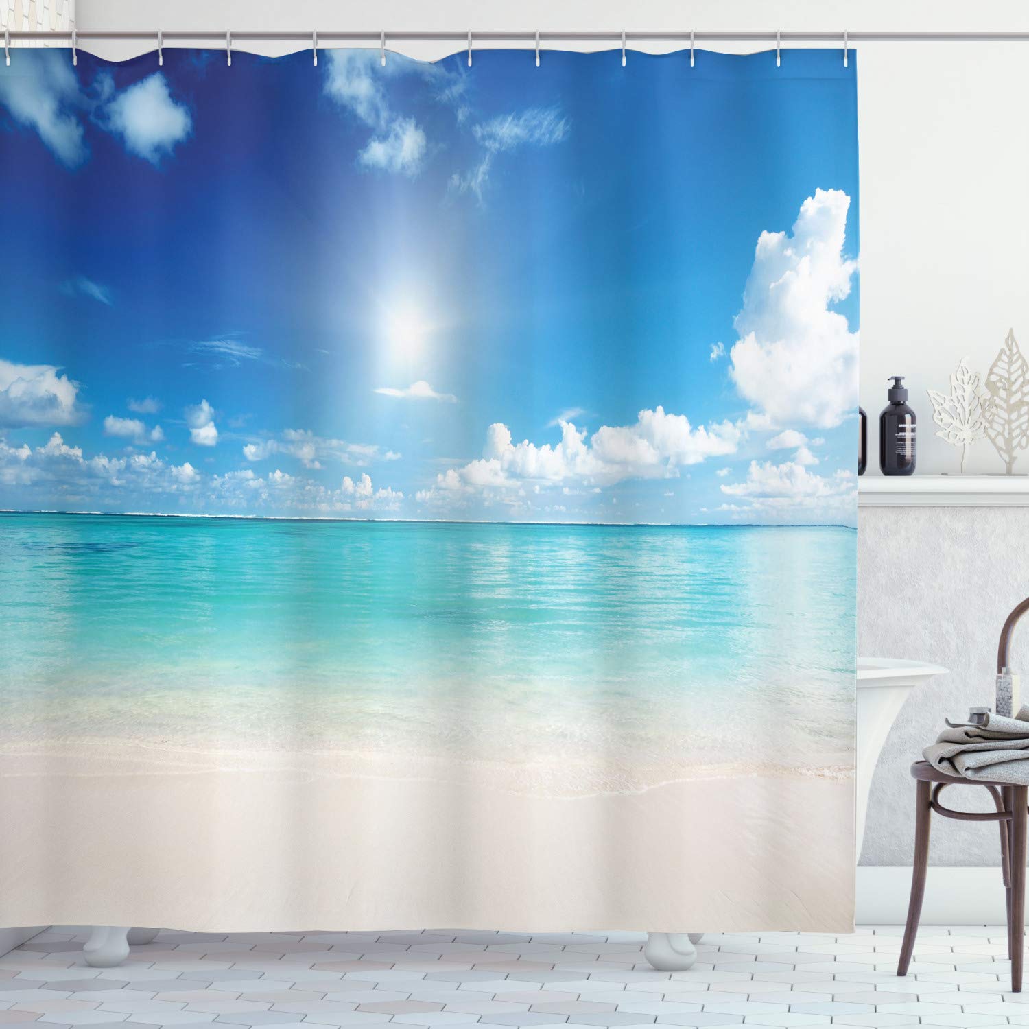 ABAKUHAUS Ocean Shower Curtain, Sky and Sea Landscape Sand Tropical Beach Clouds Sun Hot Heaven Summer, Cloth Fabric Bathroom Decor Set with Hooks, 175 x 200 cm, Cream Turquoise White