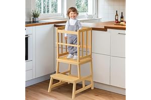 COSYLAND Kitchen Step Stool for Toddlers – Stable A-Frame Design Kids Standing Tower with Protective Crossbar – Wooden Learning Stool for Kitchen Island Counter, Bathroom (Natural)
