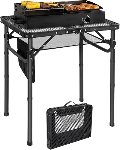 REDCAMP Folding BBQ Table 60x40cm 3-Height Aluminum Portable Stand Black