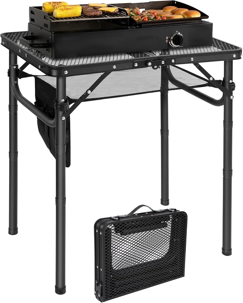REDCAMP Folding BBQ Table 60x40cm 3-Height Aluminum Portable Stand Black