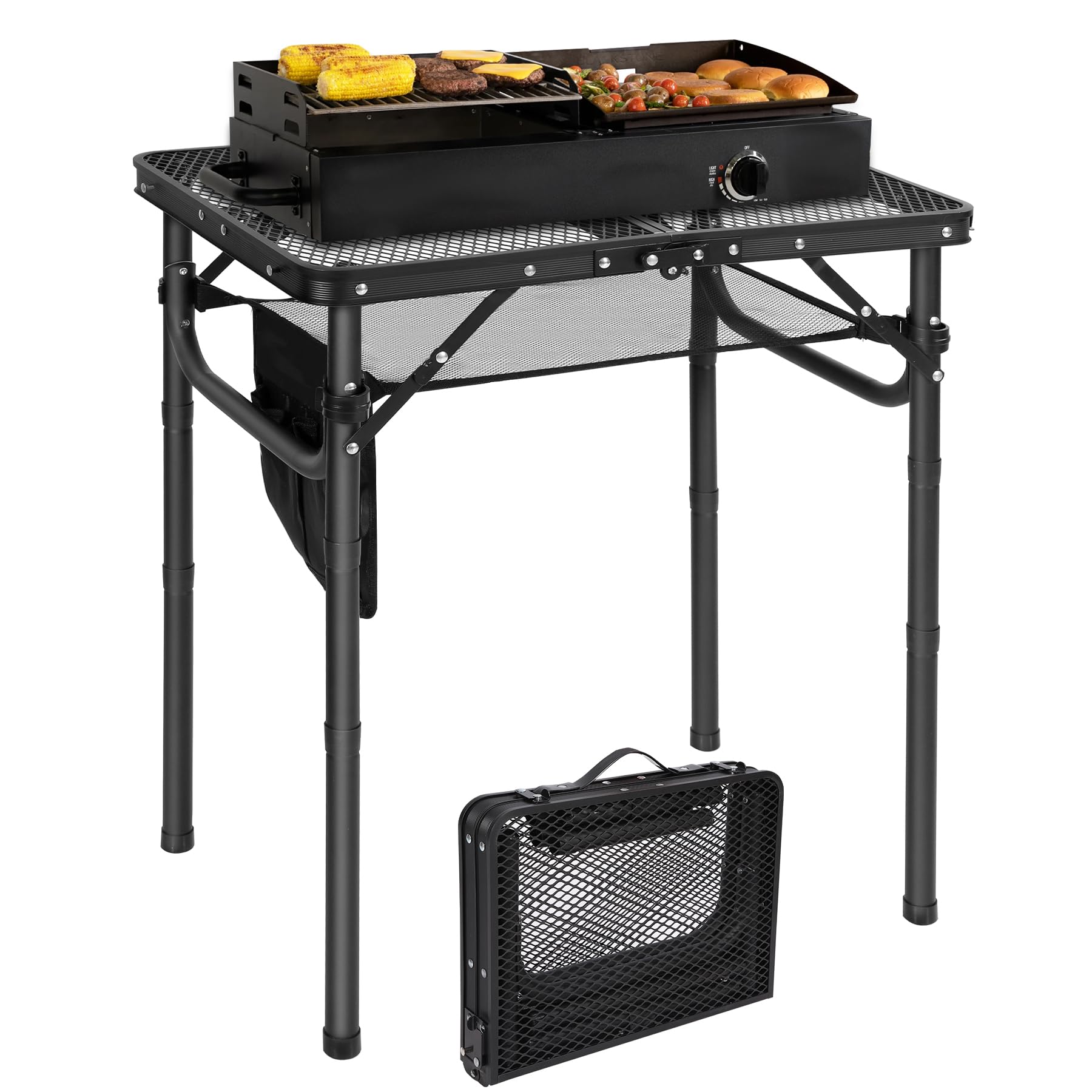 REDCAMP Folding BBQ Table, 3-Height Adjustable Aluminum Camping Table with Side Pockets & Storage Mesh, Portable Grill Stand for Outdoor Cooking Picnic RV Fishing, 60x40cm, Black