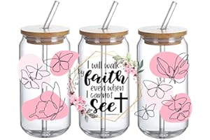 DTHOME3 UV DTF Glass Cup Wrap Transfer Decal- 3PCS Christian Gifts for Women 'Walk by Faith Even When I Cannot See' Craft Transfers, Waterproof Decal for 16oz Glass Cups - Ceramic Mug DIY Crafts