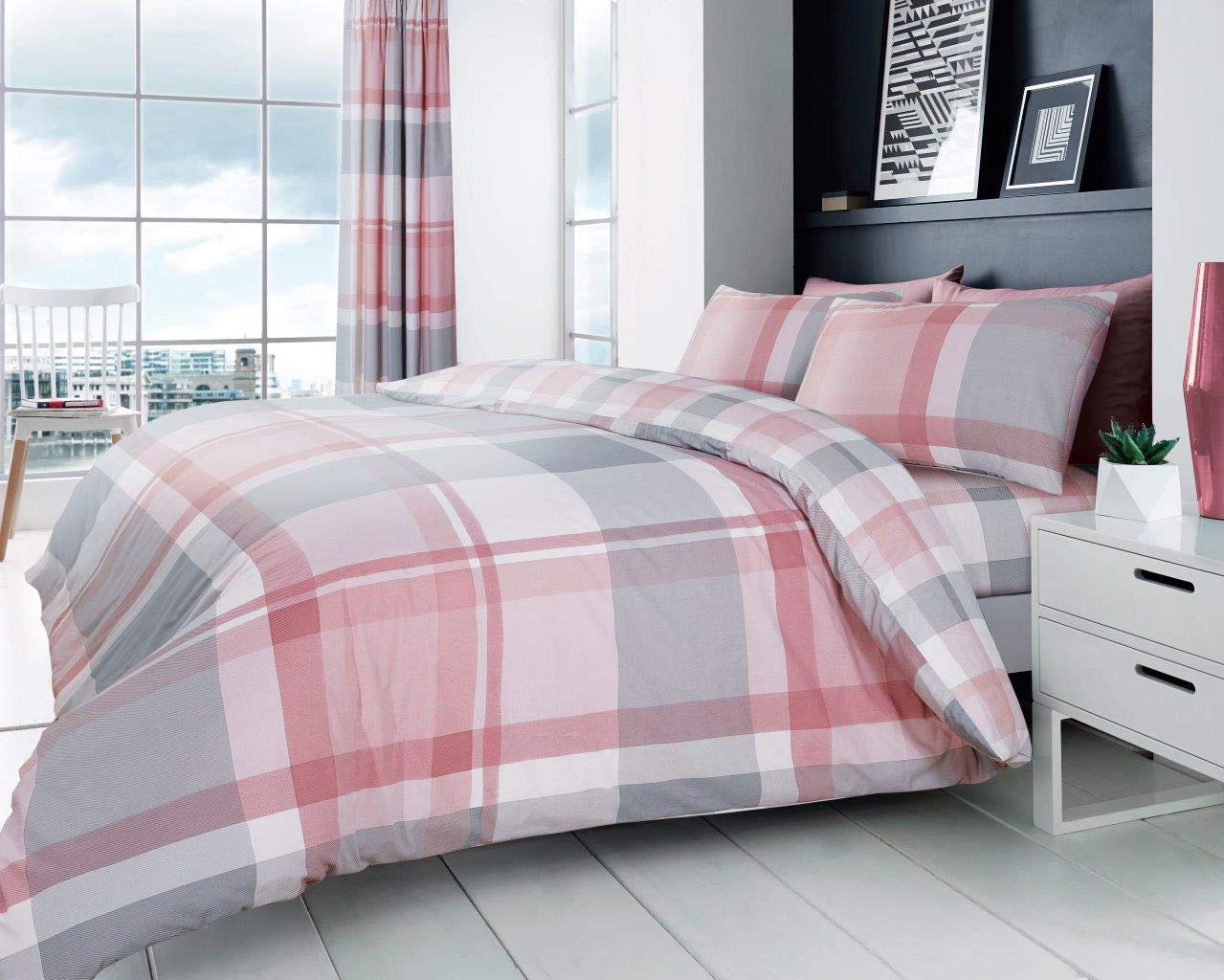 DOUBLE Duvet Set Pink Grey Check Quilt Cover Pillow Cases Bedding Set