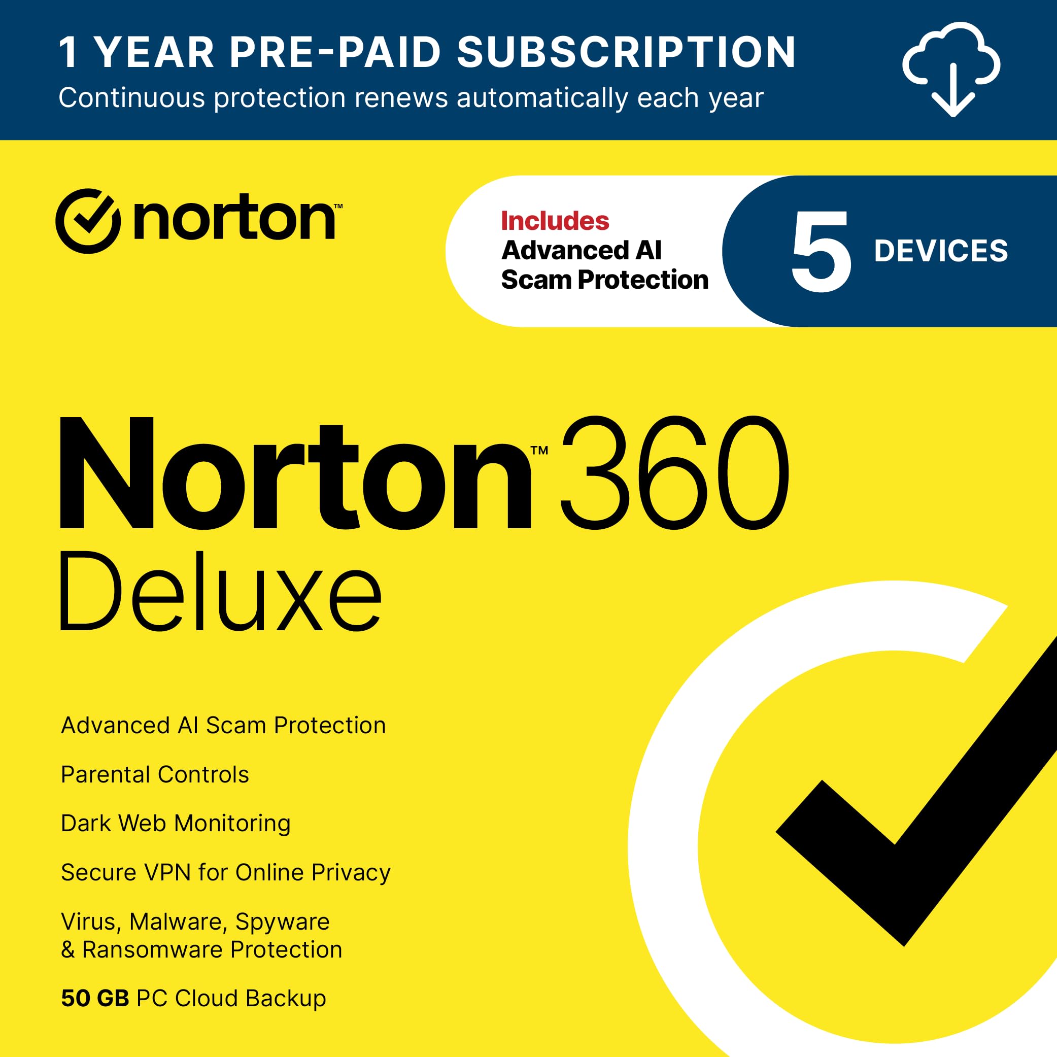Norton 360 Deluxe 2026 Ready, Antivirus software for 5 Devices with Auto-Renewal – Includes Advanced AI Scam Protection, VPN, Dark Web Monitoring & PC Cloud Backup [Download]