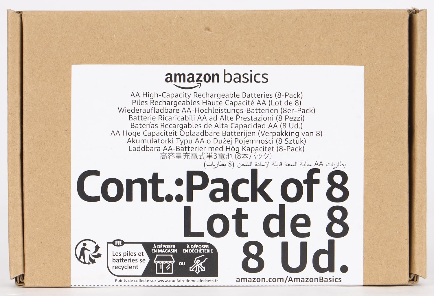 Amazon Basics 8-Pack Rechargeable AA NiMH High-Capacity Batteries, 2400 mAh, 1.2V, Recharge up to 400x Times, Pre-Charged