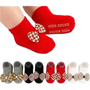 4 Pairs Baby Girl Socks with Grips 0-12 Months, Plaid Bow Non Slip Newborn Infant Toddler Ankle Socks, Cotton Crawling Sock S