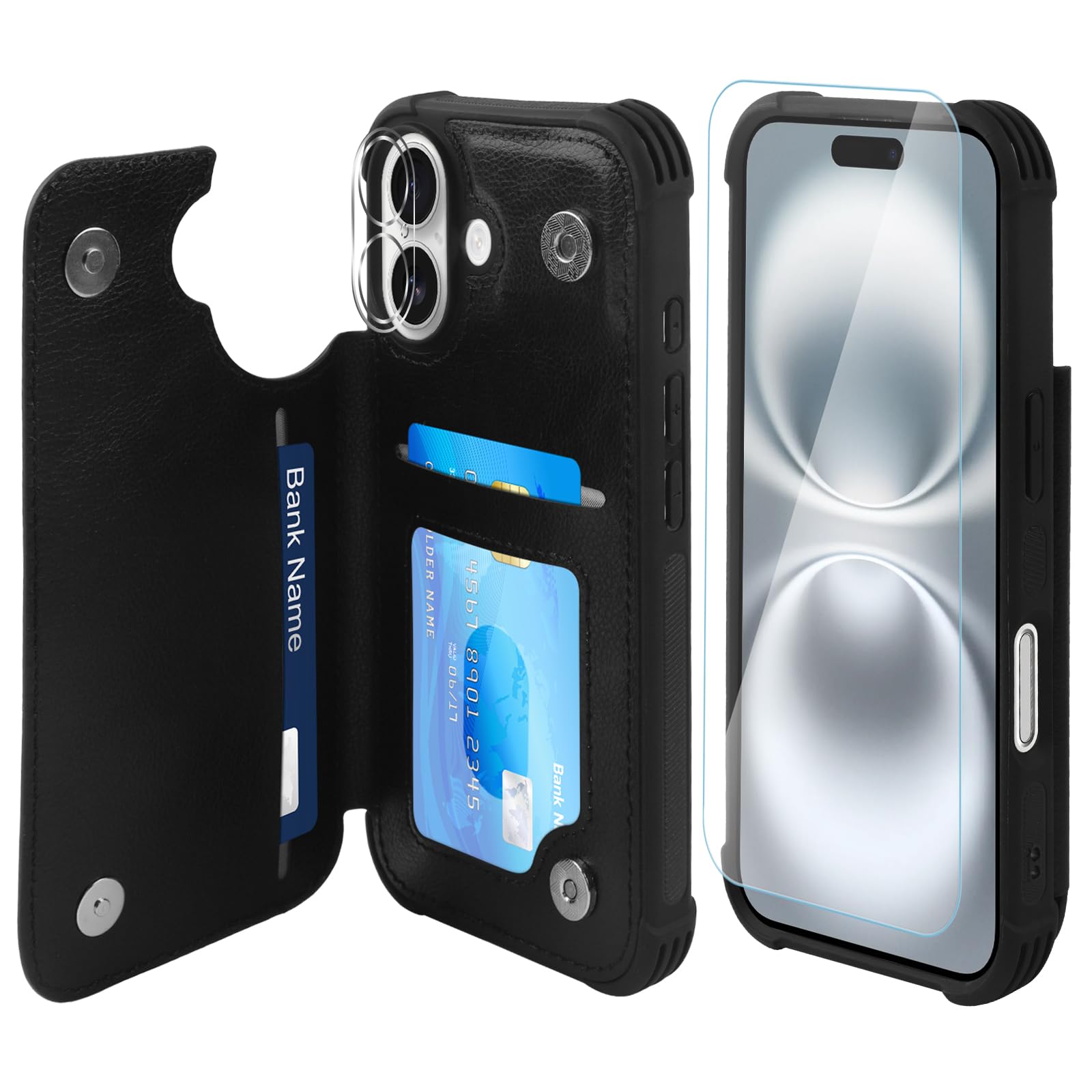 VANAVAGY Compatible for iPhone 16 Wallet Case with Credit Card Holder,Rfid Block Leather Flip Folio Phone Cover Fits Magnetic Car Mount and Stand with Screen Camera Protector,Black
