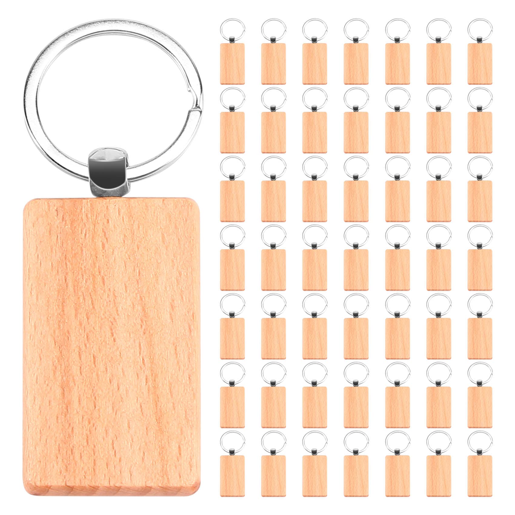 Pvczool 50 Blank Wooden Keychain Rectangular Engraving Key ID Can Be Engraved DIY