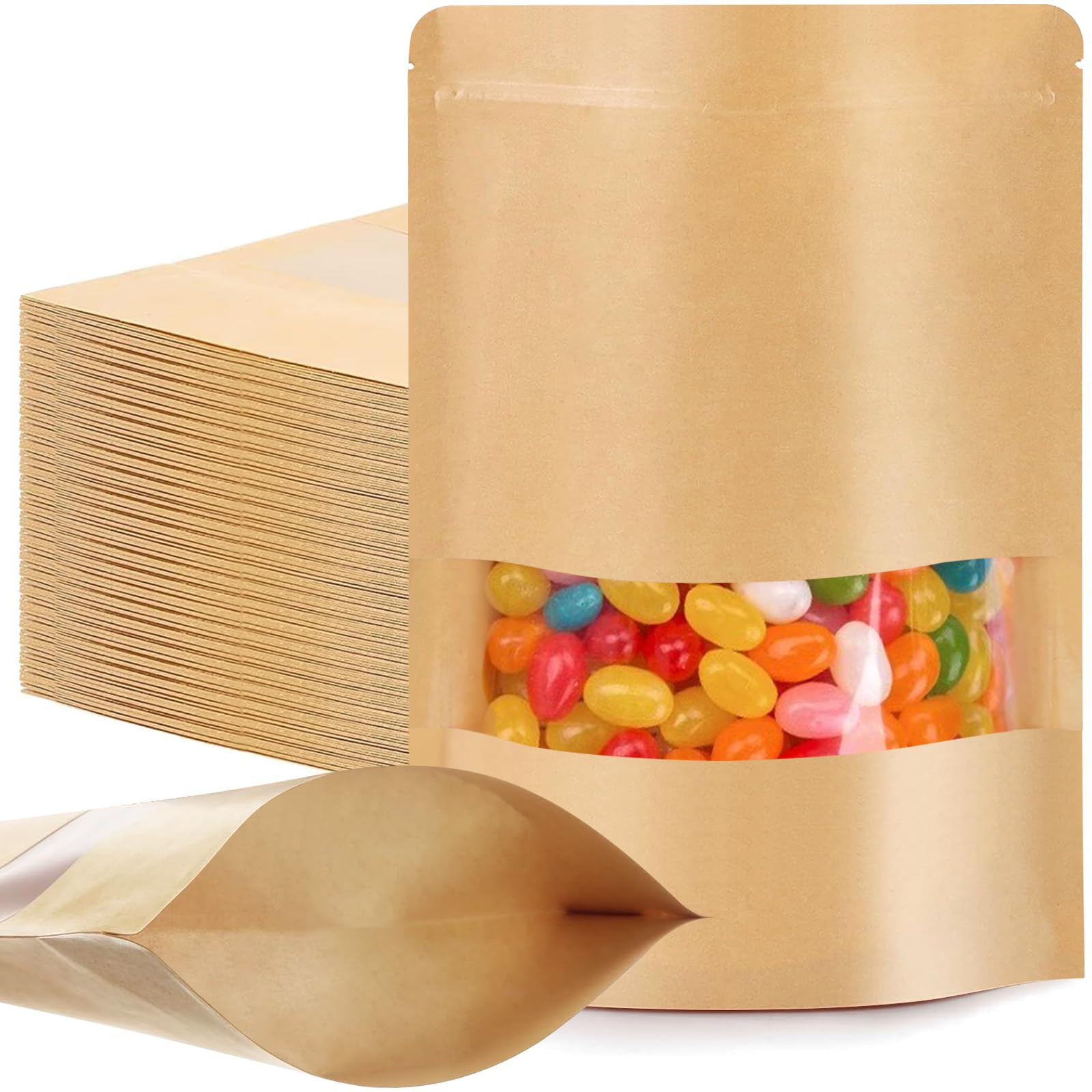 Photo 1 of 100 Pcs Resealable Bags for Small Business, 3.5" x 5.5" Stand Up Kraft Paper Bags with Matte Window, Zip Lock Food Storage Bag for Packaging Products, Reusable, Sealable Bag for Packaging