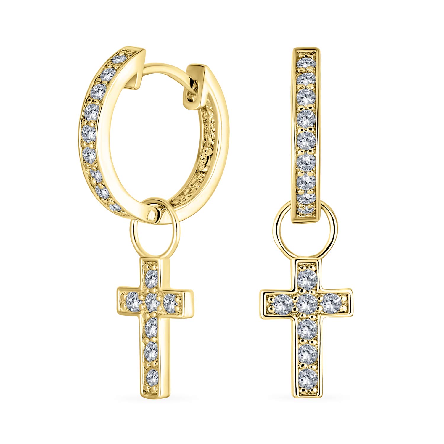 Tiny Cross Communion Kpop Huggie Dangle CZ Hoop Earrings Pave Cubic Zirconia Removable Interchangeable Charms 2 In 1 Earring Set Gold Plated