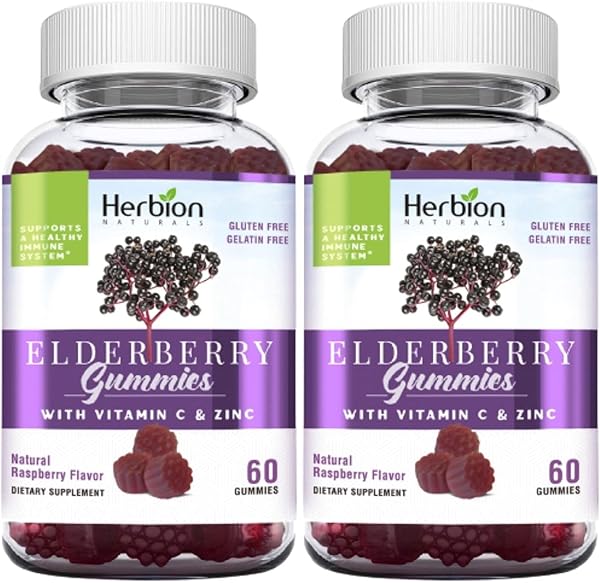 HERBION ELDERBERRY GUMMIES WITH VITAMIN C & ZINC – IMMUNE SUPPORT – GLUTEN & GELATIN FREE – 60 GUMMIES FOR ADULTS & CHILDREN 4 YEARS & ABOVE – 2 PACKS