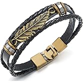 COOLSTEELANDBEYOND Vintage Feather Leaf Braided Leather Bracelet for Men Women, Three-Row Leather Wristband