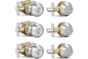 SOPOBY 3 Sets Entry Door Knob and Single Cylinder Deadbolt Combo Set, Keyed Alike Round Ball Satin Nickel Exterior Door Knobs with Lock and Keys for Entrance and Front Door