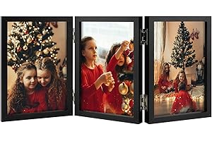 Space Art Deco Triple 4x6 Picture Frame, 3 4x6 Folding Photo Frame, Standing Vertically on Desktop or Tabletop, Home Decorative Christmas Holiday Gift, Black
