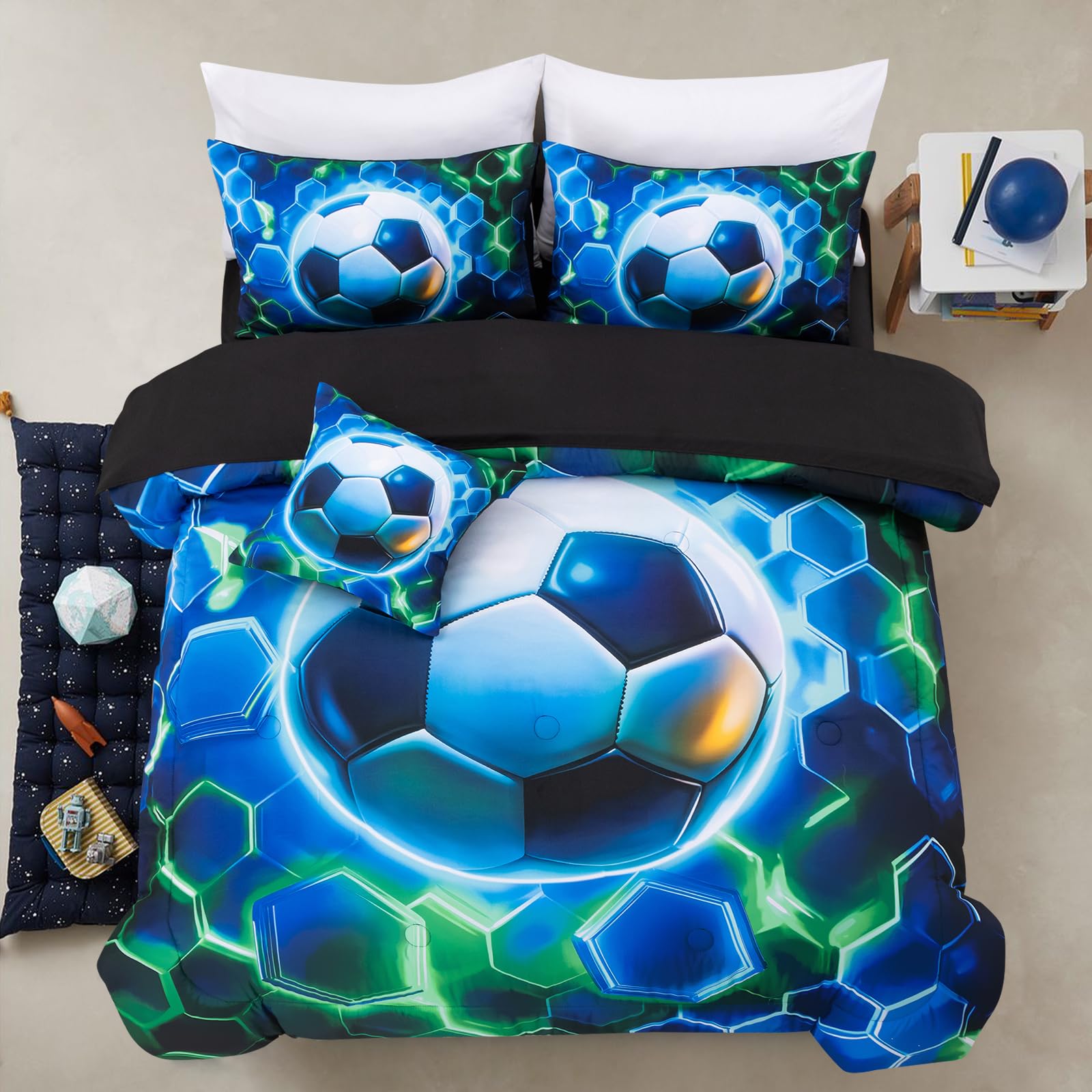 A Nice Night Full Size 6 Pieces Football Comforter Set for Boys Girls Kids Geometric Lightweight Bedding Sets Bed in A Bag for All Seasons,Bluegreen