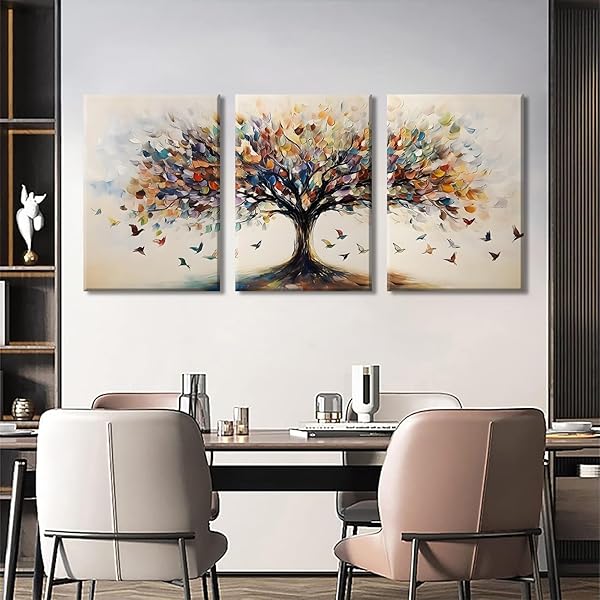 QENUNDME 3PCS TREE OF LIFE CANVAS WALL ART FOR LIVING ROOM WALL DECOR ARTWORK LARGE ABSTRACT COLORFUL BLOOMING TREE PRINTS PICTURES PAINTINGS MODERN TREE POSTER BEDROOM OFFICE HOME DECOR 16X24IN