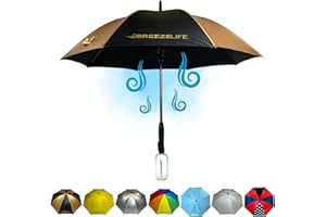 Breeze Life Original Mister Breeze, Sun Umbrella with Fan and Mister, Umbrella Mister with Built-in Fan for Festivals, Beach and More. (Black & Gold)