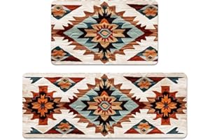 YWZDS Rustic Navajo Kitchen Rugs Set of 2, Aztec Geometric Cotton Blend Linen Non Slip Kitchen Floor Mats for Home Office Bed