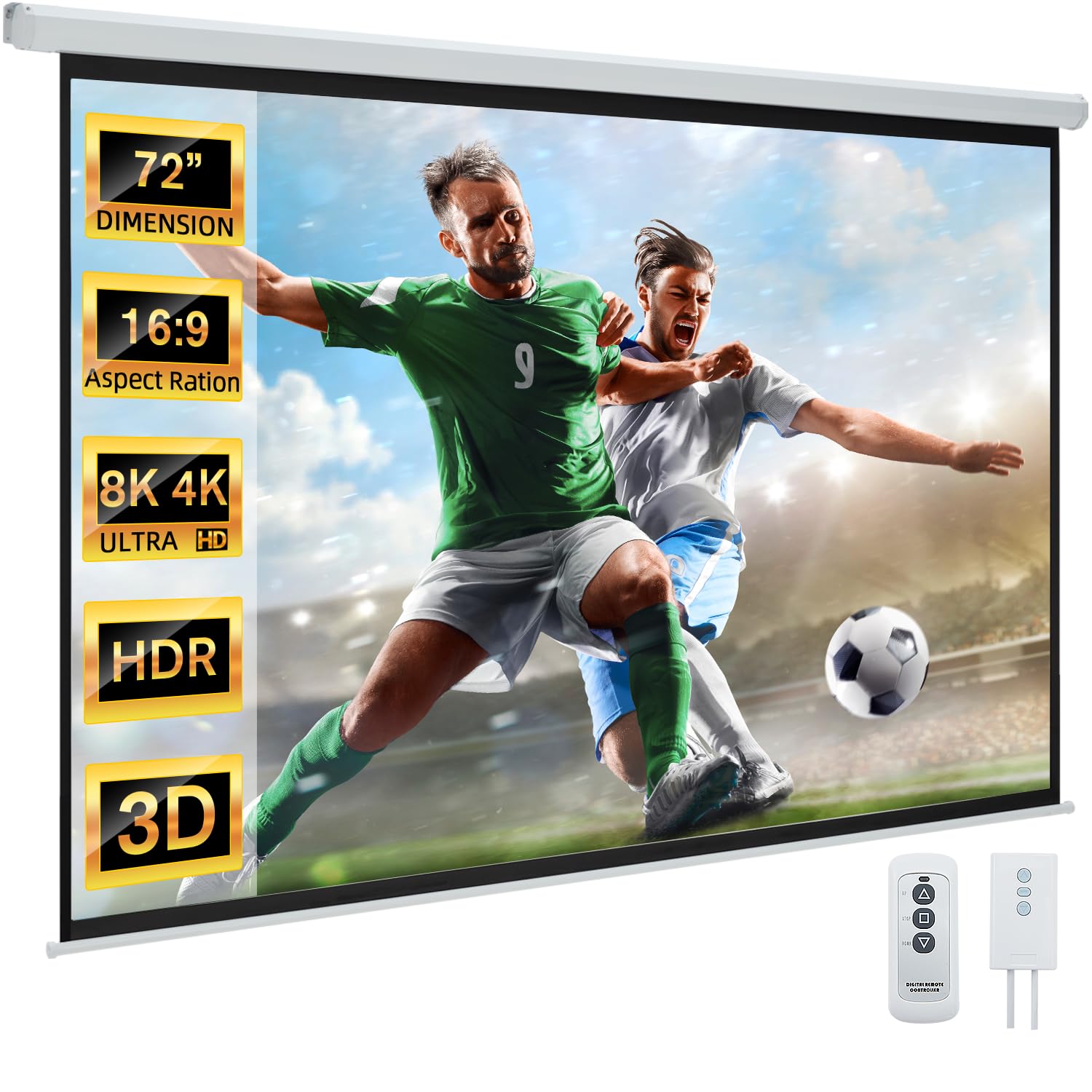 Photo 1 of YODOLLA 72" Projector Screen Motorized 16:9, 4K HD Pull Down Retractable Projection Screens Electric Automatic Wall Ceiling Movie Screen for Office Classroom Indoor with Remotes