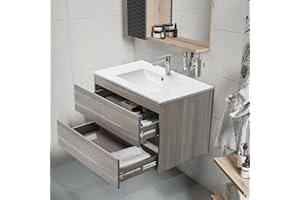 KSWIN 36" Grey Bathroom Vanity Wall Mounted Grey Floating Vanity Two Drawers Storage Cabinet with White Ceramic Integrated Sink