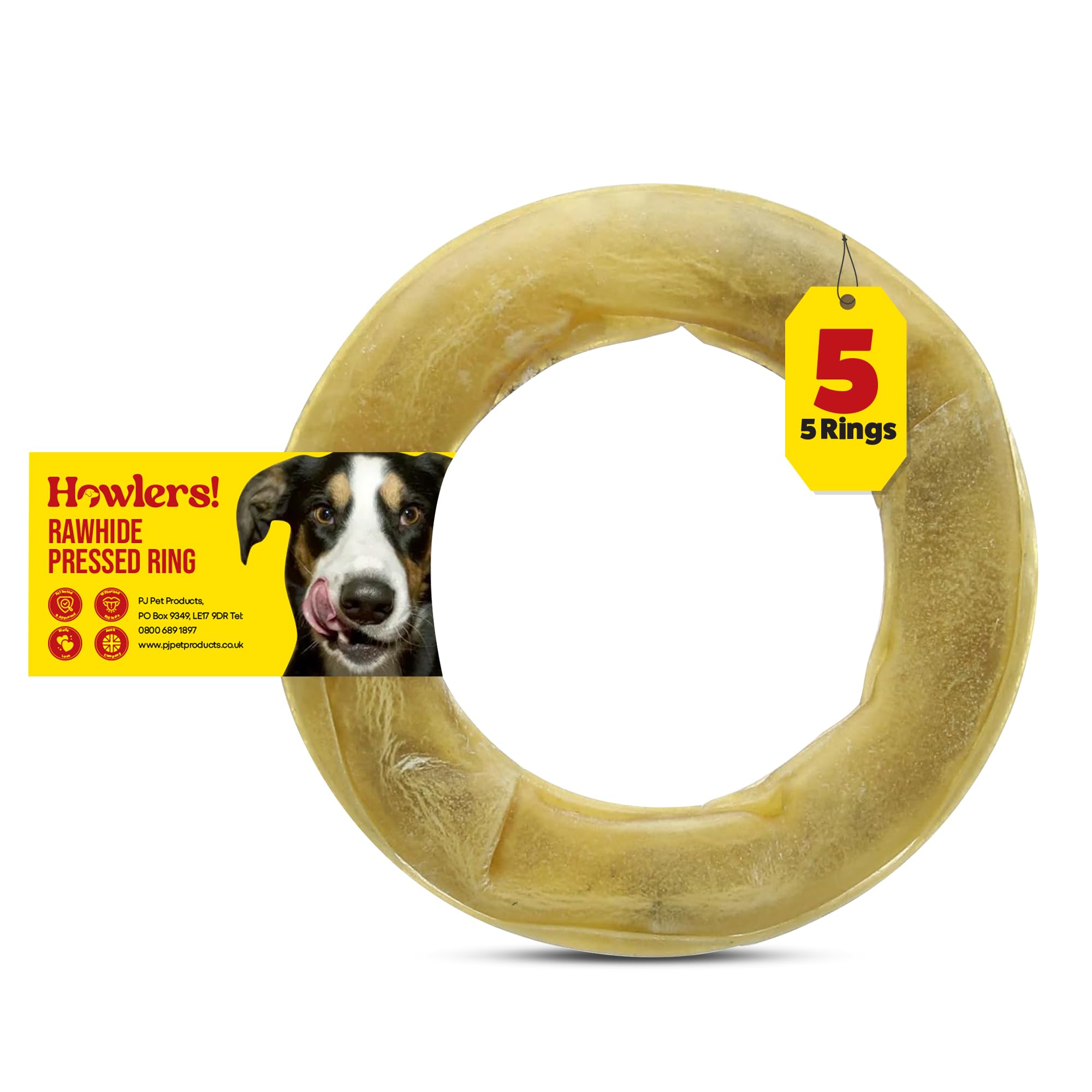 HOWLERS Pack of 5 Natural 15cm Dog Chews Rawhide Pressed Rings | Natural Ring Shaped Hide Chews For Dogs | Rawhide Dog Chew Made From Natural Ingredients