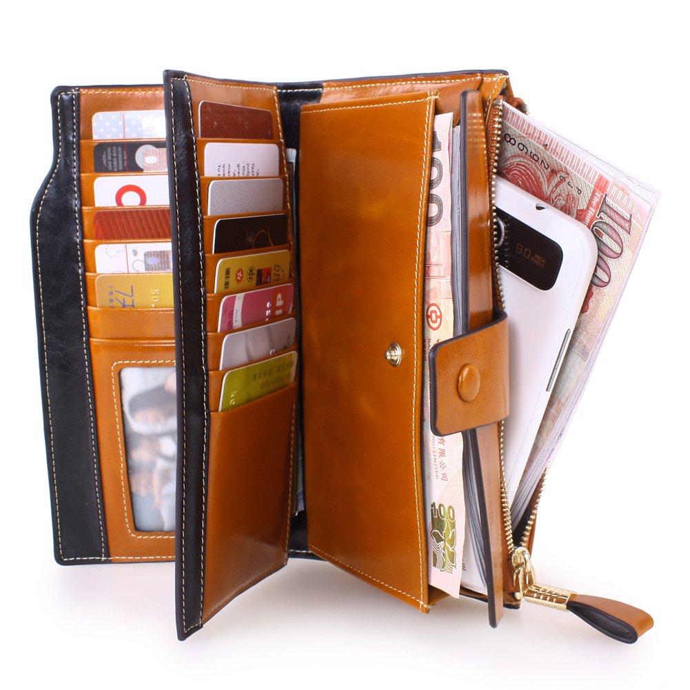 Kangming Women Leather Long Wallet Ladies Zipper Clutch Purse Credit Card Phone Holder (Brown)