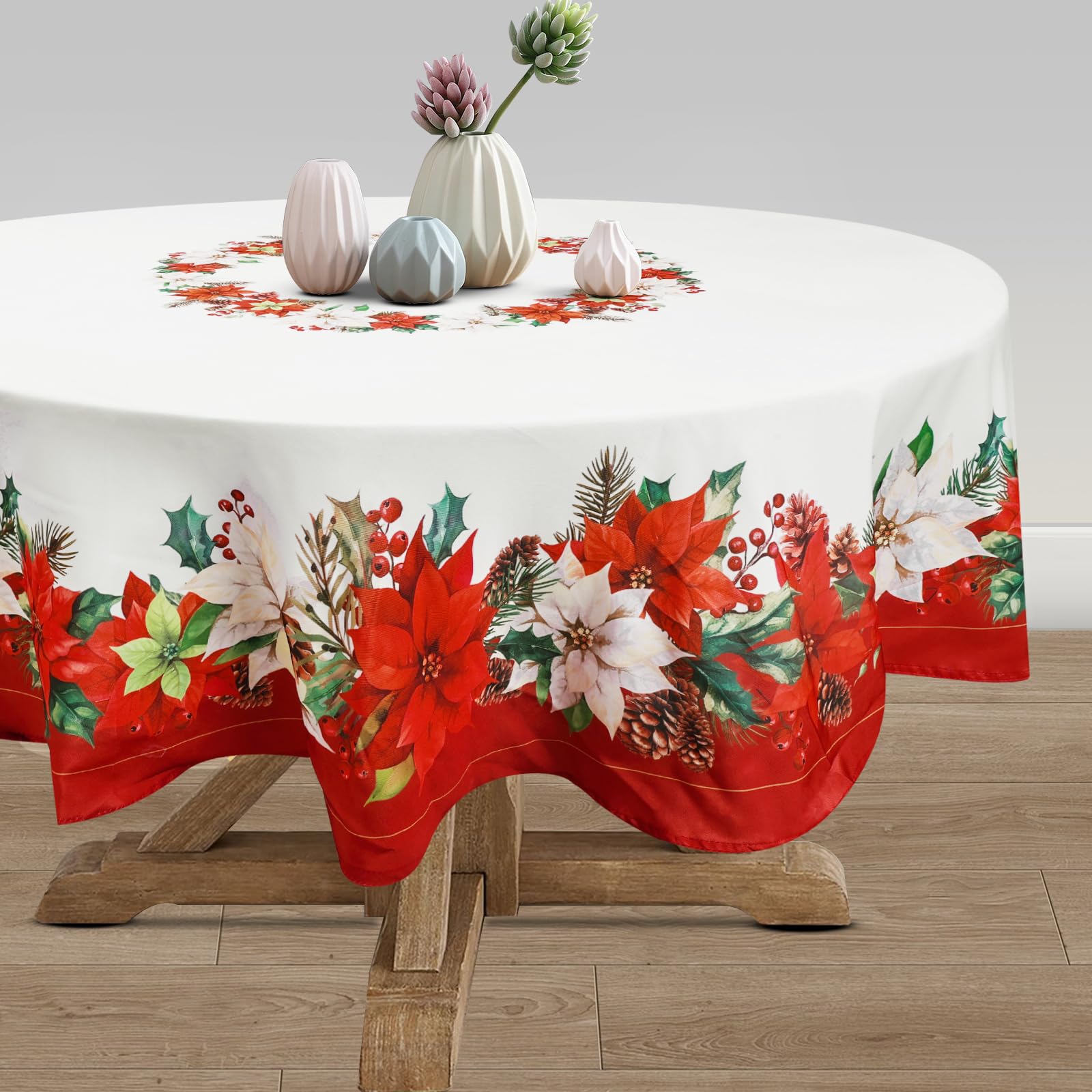 Arquiel Christmas Flowers Tablecloth Waterproof, Red Floral Table Cloth Rectangle Stain Resistant, Washable Table Cover for Home Kitchen Dining Party Decoration (180 cm)