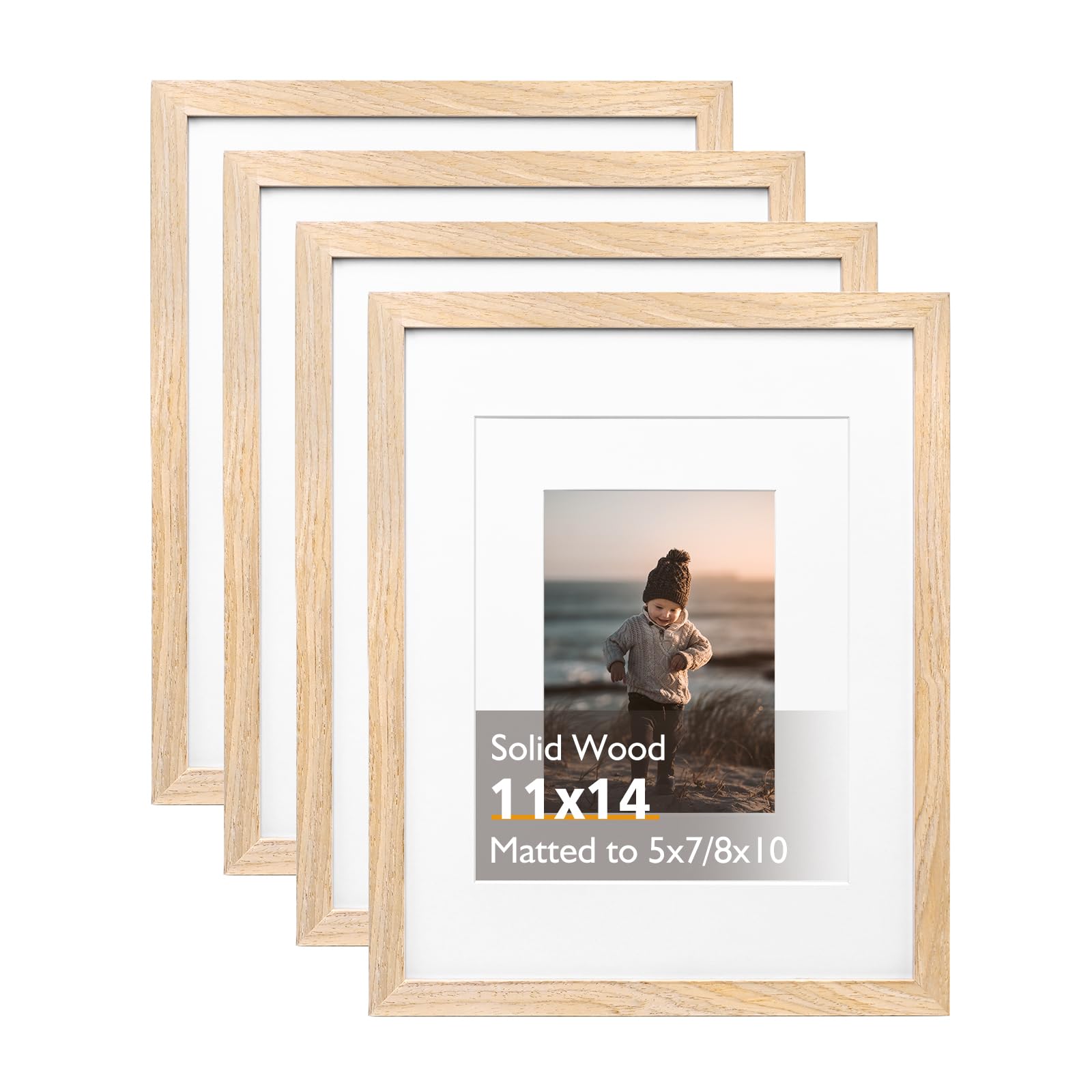 Photo 1 of KINLINK 11x14 Picture Frame Natural, Solid Wood Frames 14x11 with Acrylic Plexiglass for Pictures 5x7/8x10 with Mat or 11x14 without Mat, Tabletop and Wall Display Photo Frame Set of 4