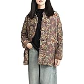 LZJN Women's Floral Print Cotton Quilted Long Jacket Loose Casual Coat with Pockets Vintage Outwear
