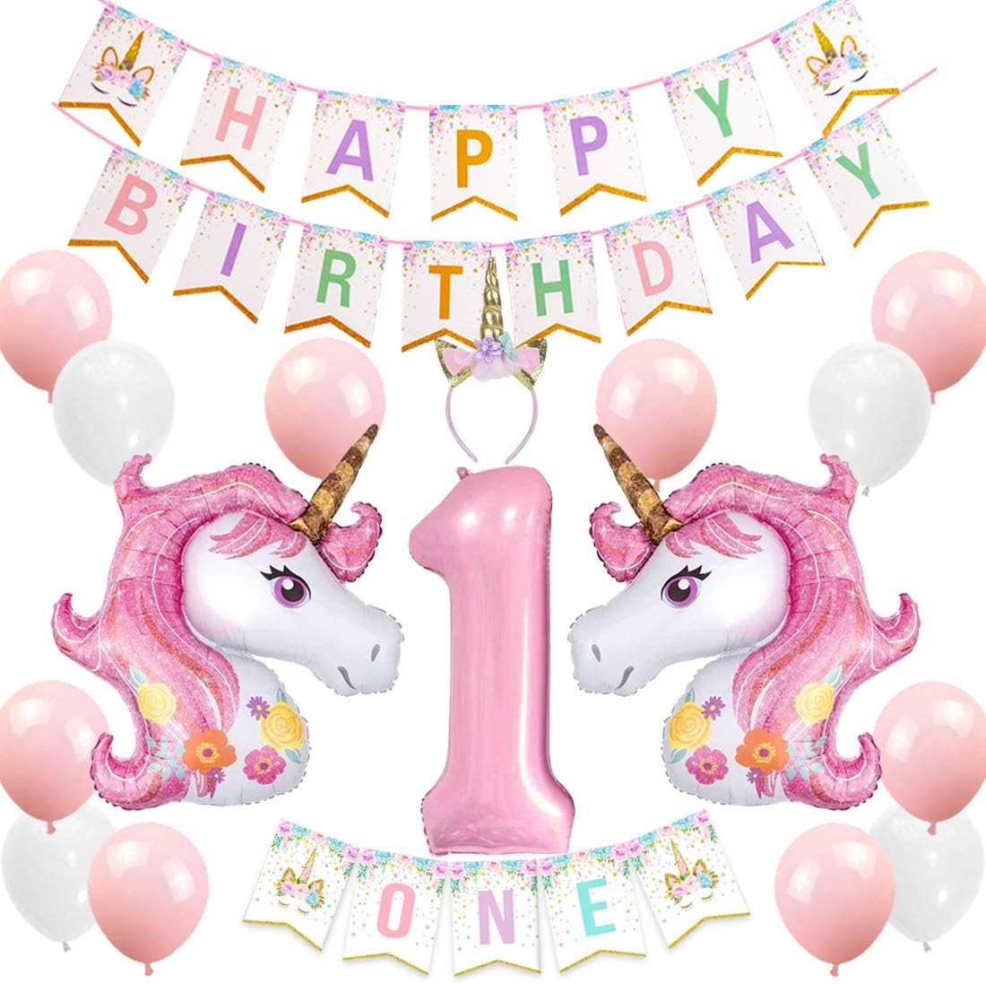 Kreatwow Unicorn Party Decoration Supplies for 1st Birthday Girl with Unicorn Headband Party Balloons