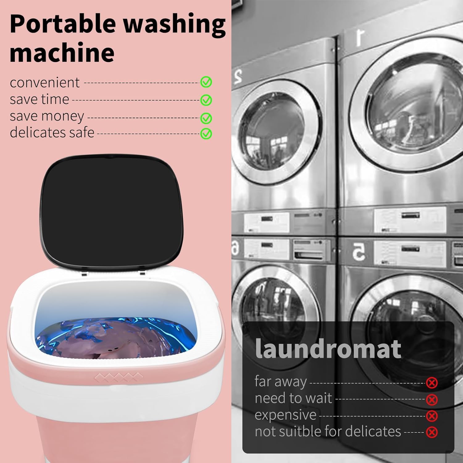 Portable Washing Machine, Mini 16L Foldable Washer and Dryer with 3 Modes Deep Cleaning, Upgraded Small Collapsible Laundry for Hotel, Apartment, Home and Travel - Pink