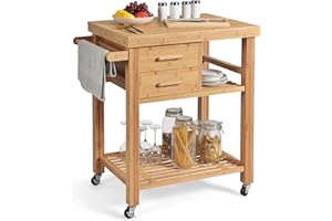 PETSITE Bamboo Kitchen Island Cart, Butcher Block Table on Wheels with Drawers, Shelves, Towel Rack