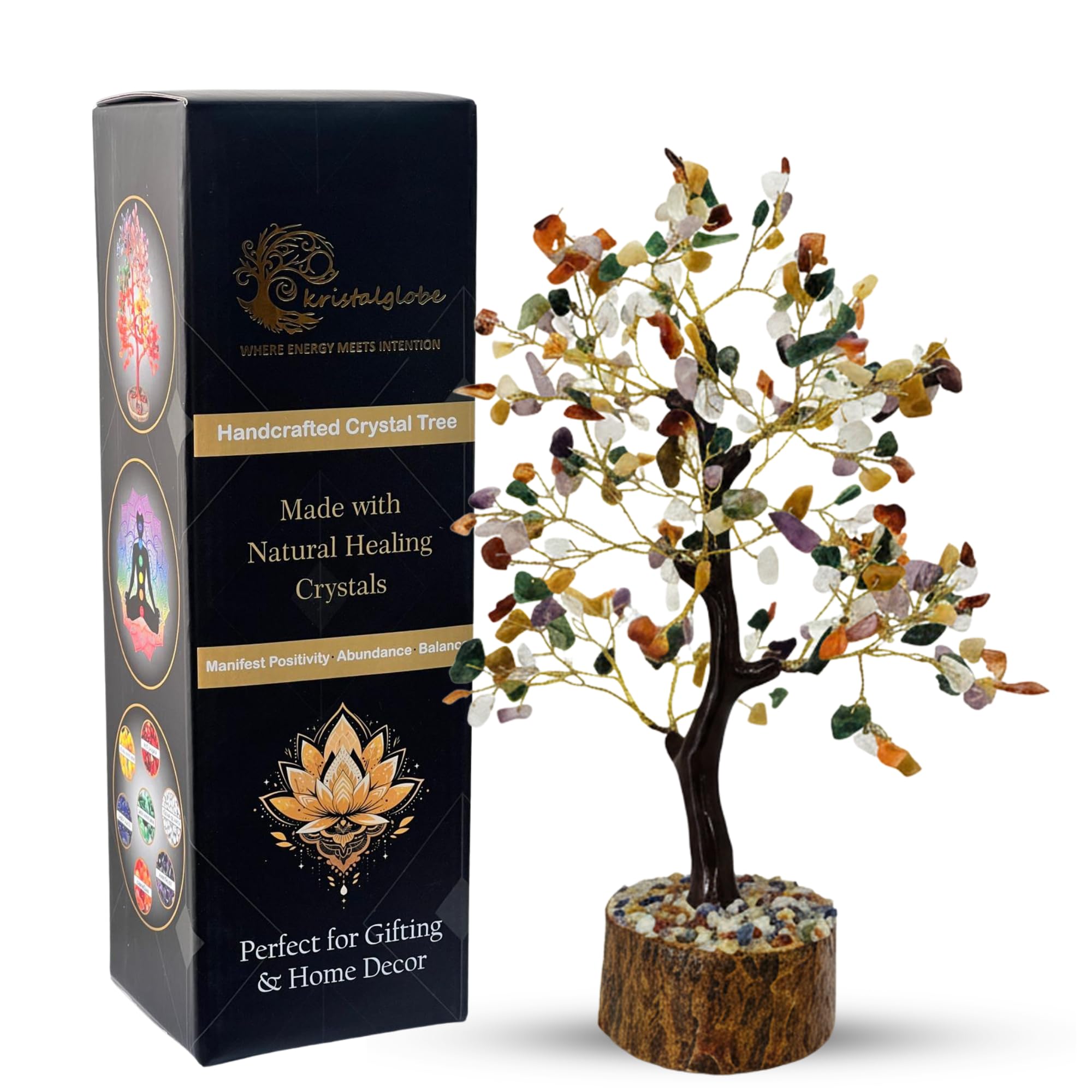 kristalglobe Crystal Tree of Life Multi Stone with 300 Beads – Healing Crystal Bonsai Tree for Positive Energy, Feng Shui Decor, Spiritual Home & Office Desk Ornament, Meditation Gift for Women