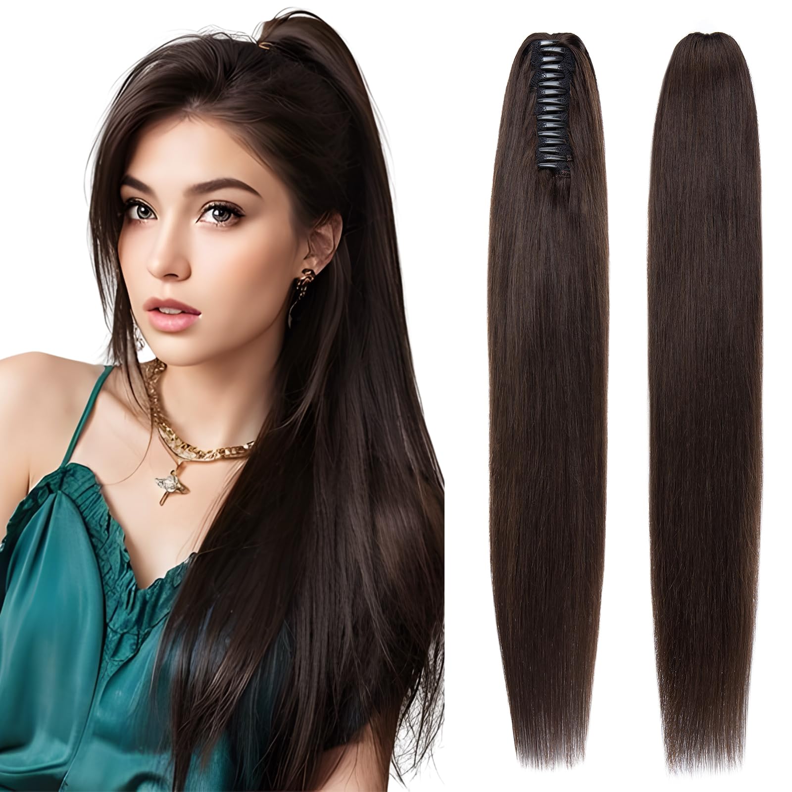 Elailite Human Hair Ponytail Extension Claw on Clip Real Human Hair Natural HairPiece Straight (#2 Dark Brown, 16 Inch)