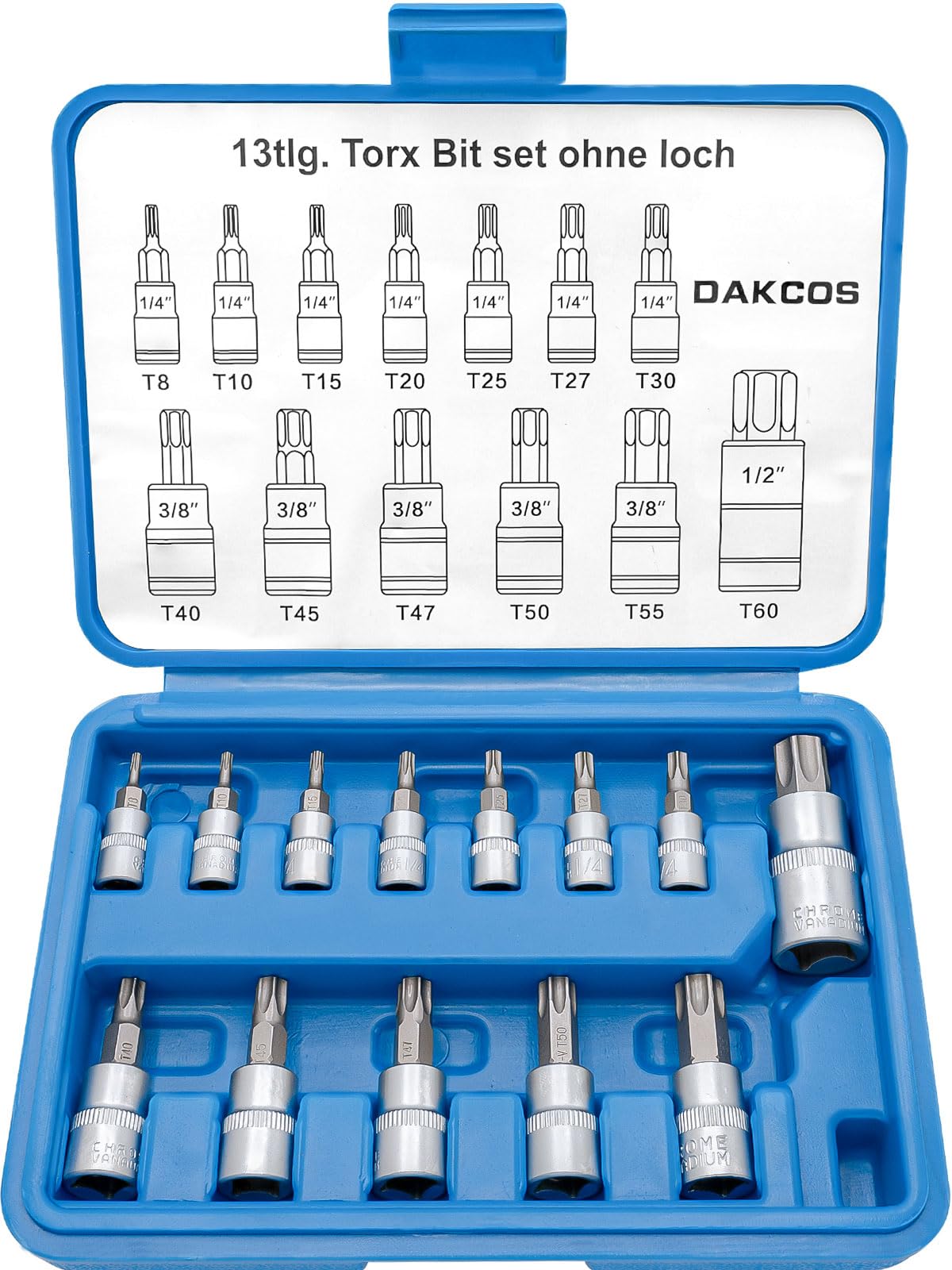 DAKCOS 13pcs Torx Bit Socket Set, T8-T60 Set, Torx Bit Set 1/4", 3/8", 1/2", CR-V Sockets and S2 Bit