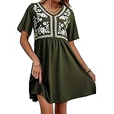 Dokotoo Womens Dresses Summer Casual V Neck Boho Floral Print Short Sleeve Babydoll Mini Dress A Line Beach Vacation Clothes