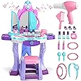 Lehoo Castle Kids Vanity with Mirror and Stool, Toddler Makeup Vanity with Light and Music, Girls Makeup Dressing Table Toy w