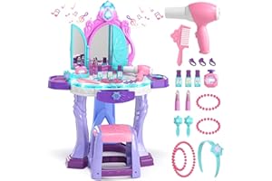 Lehoo Castle Kids Vanity Table and Chair Set, Girls Makeup Table with Mirror Stool Lights Music, Toddler Pretend Play Vanity Set for Princess Dress Up, Girl Toys Gifts for Age 3 4 5 Years Old