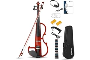 Vangoa Electric Violin 4/4 Full Size Silent Violin Set for Beginner Adults Teens, Solid Maple Wood Metallic Electronic Quite Violin with Ebony Fittings, Red Color