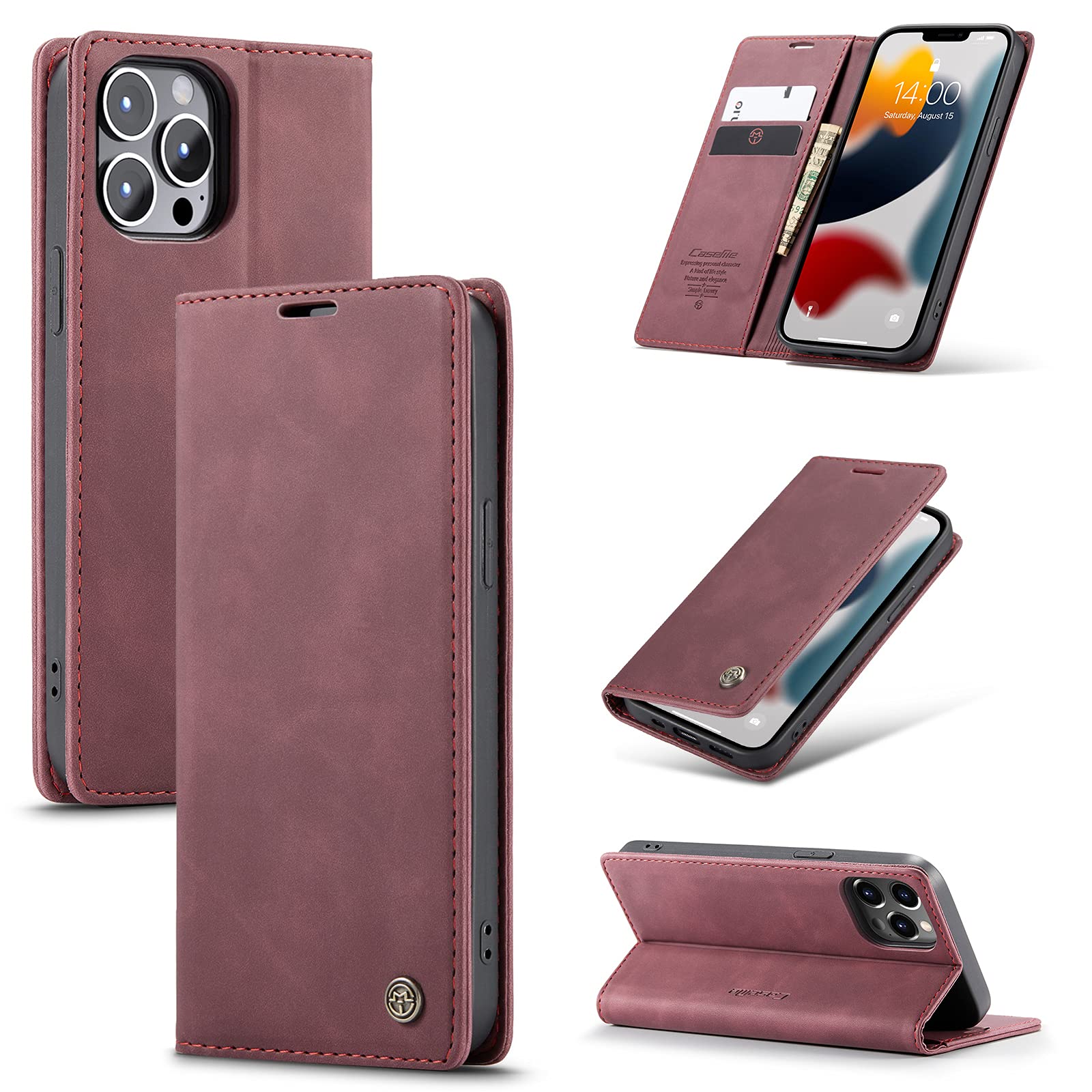 UFinetech Case for iPhone 13 Pro Max, Shockproof Anti-scratch Cover with iPhone 13 Pro Max (6.7”), Leather TPU Slim Soft Flip Folio Magnetic Closure Kickstand Card Holder Wallet Camera Protector, Red