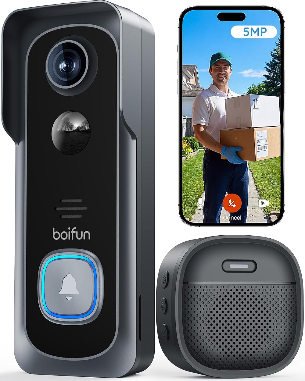 BOIFUN 5MP 2.5K Video Doorbell Wireless 2.4GHz Alexa Night Vision Battery