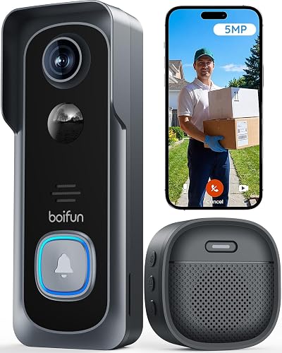 BOIFUN 5MP 2.5K Video Doorbell Wireless 2.4GHz Alexa Night Vision Battery