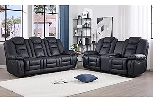 EBELLO Manual Recliner Sofa Set, Faux Leather Reclining Living Room Furniture Set, Included Single Chair and 3 Seat Manual Recliner Sofa, Black(Loveseat+Sofa)