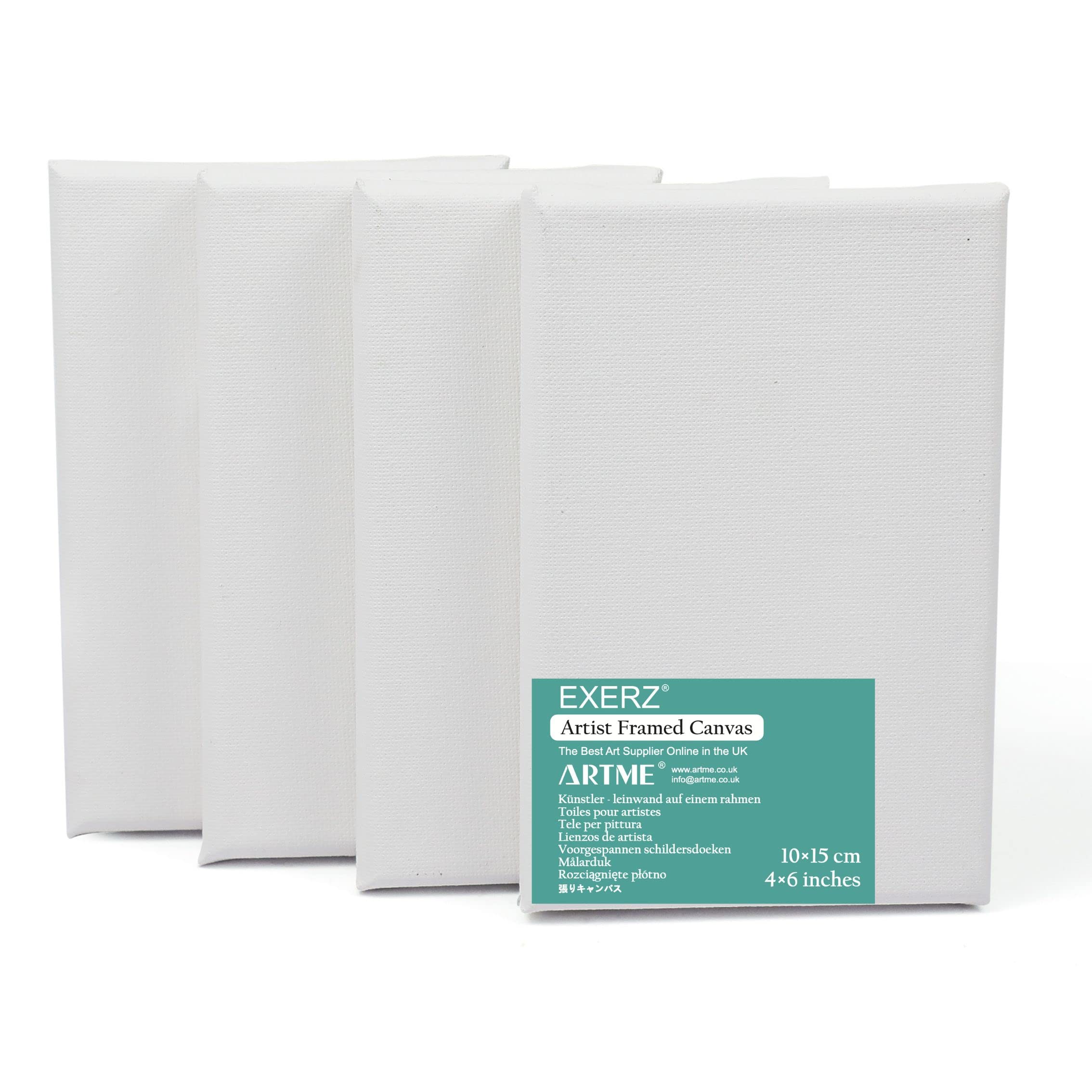 EXERZ 10x15cm Stretched Canvas 4pk - Framed Blank Canvas 1.7cm 280GSM 100% Cotton/Triple Primed/Acid Free/Medium Grain - Acrylic & Oil