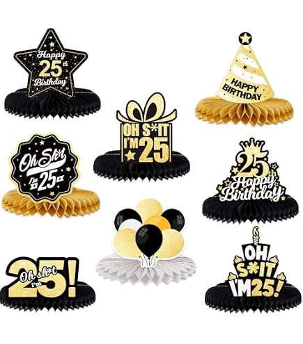 Happy 25th Birthday Table Toppers - 2 Pack Black & Gold Balloon Acrylic Centerpieces For Party Decor - View #5