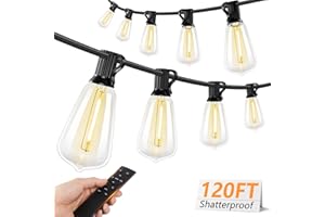 Brightever 120FT LED Outdoor String Lights with Remote, Patio Lights Outdoor Waterproof with 36+2 Shatterproof ST38 LED Bulbs, Dimmable Outside Hanging Light for Porch, Garden, Backyard, Cafe, 2700K