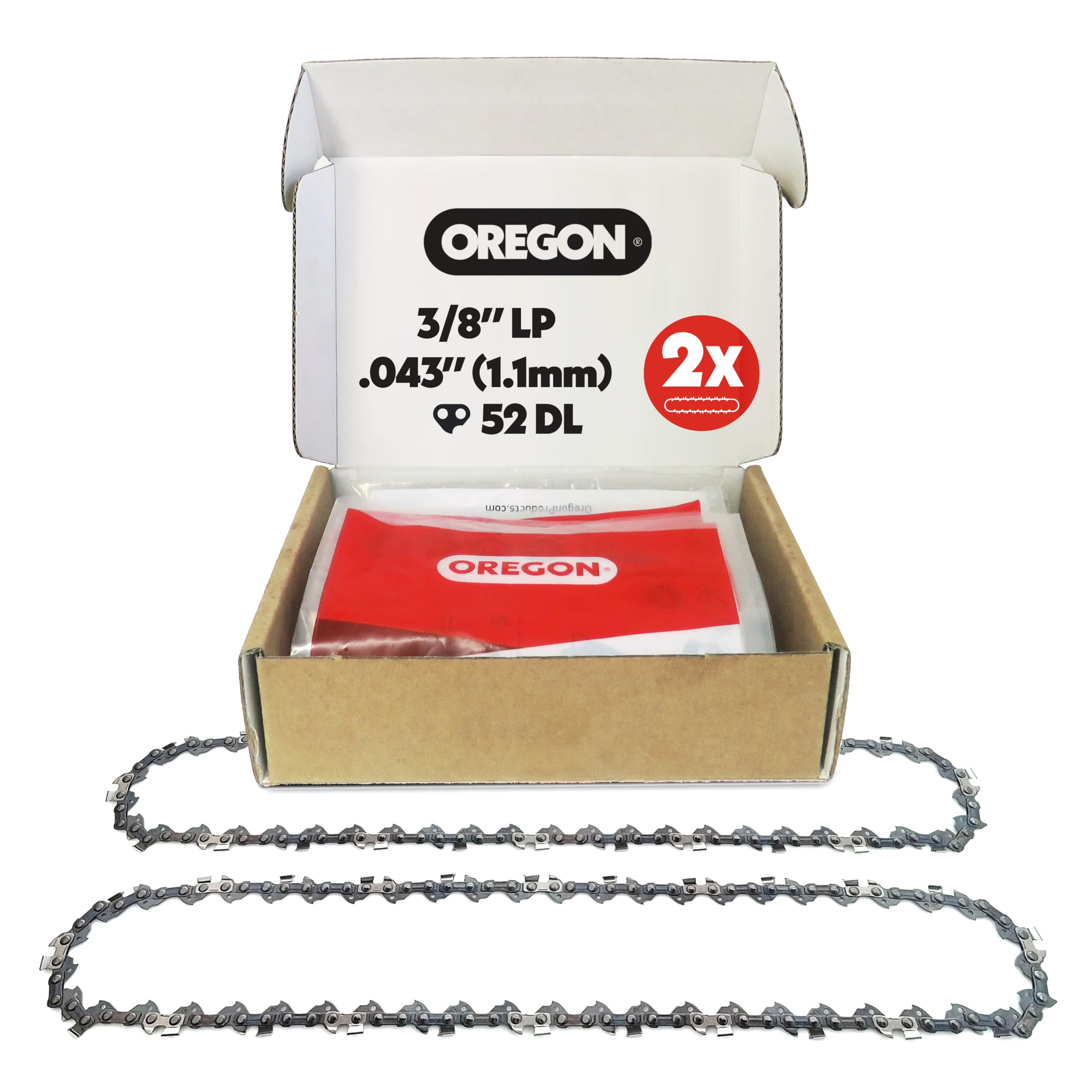 Oregon 2-Pack Chainsaw Chain 3/8" LP Pitch, .043" (1.1 mm) Gauge for 14" (35cm) Bar, 52 Drive Links – Low-kickback Replacement Saw Chain, Fits Husqvarna, Echo, Ego, Ryobi and more Image