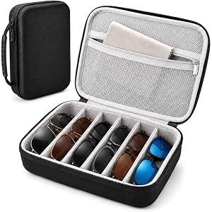 JOINPAYA 6-Slot Travel Sunglasses Organizer Case, Hard Shell Eyewear Storage Box with Handle, Portable Multiple Glasses Holde